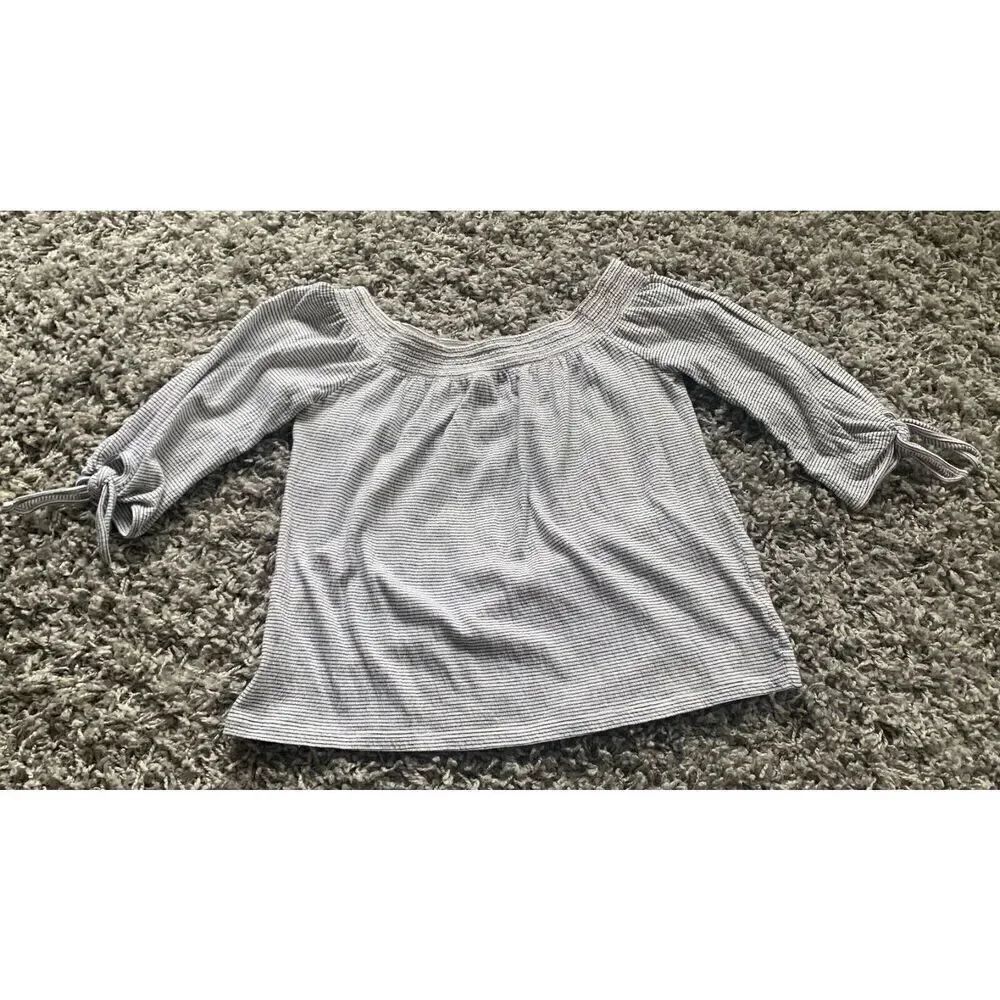 Lucky Brand Blue White Striped SMOCKED OFF SHOULDER Boho SHIRT TOP sz XS